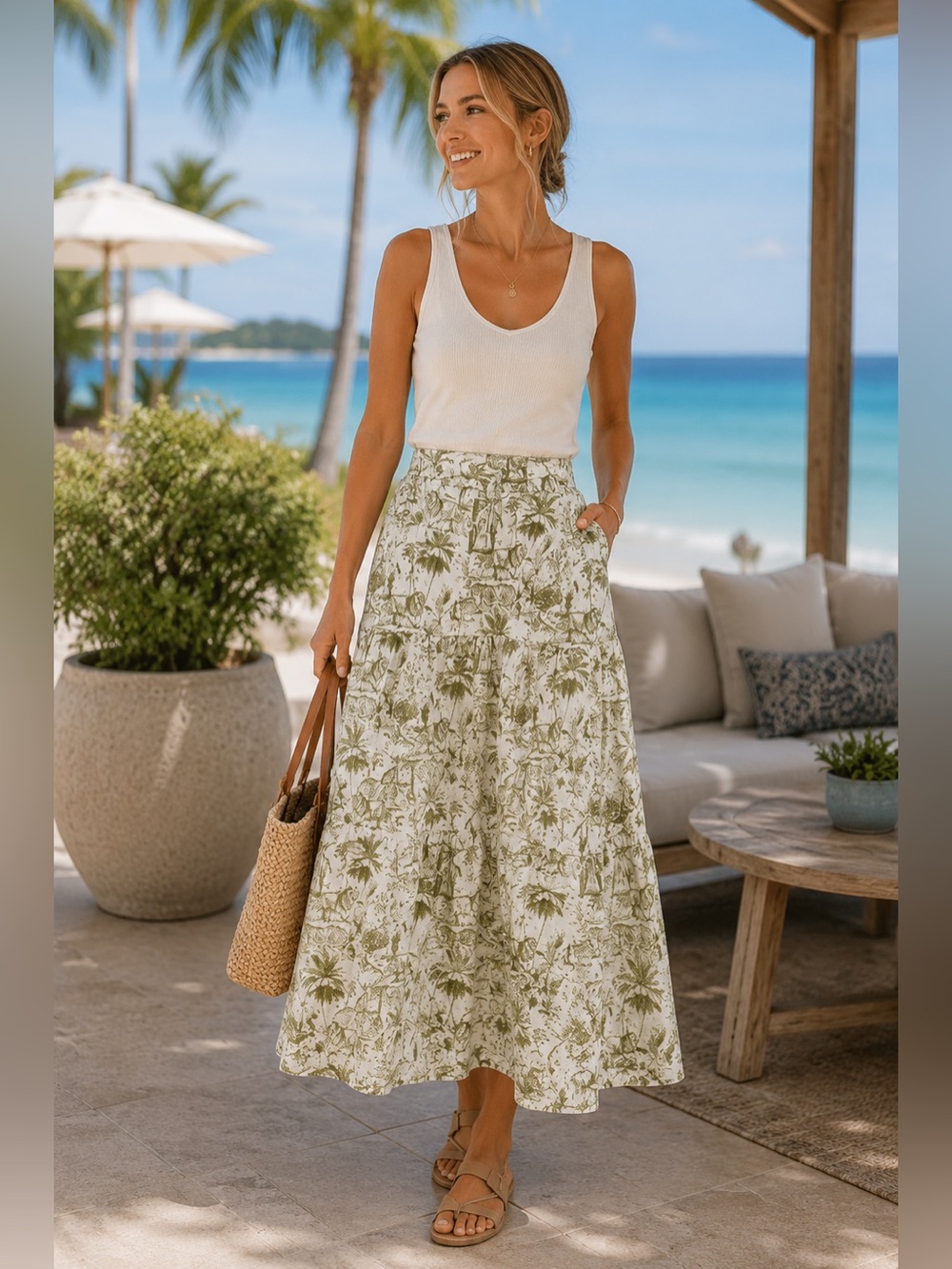 Rachel Zoe Women’s Green Toile Print Tiered Skirt 100% linen